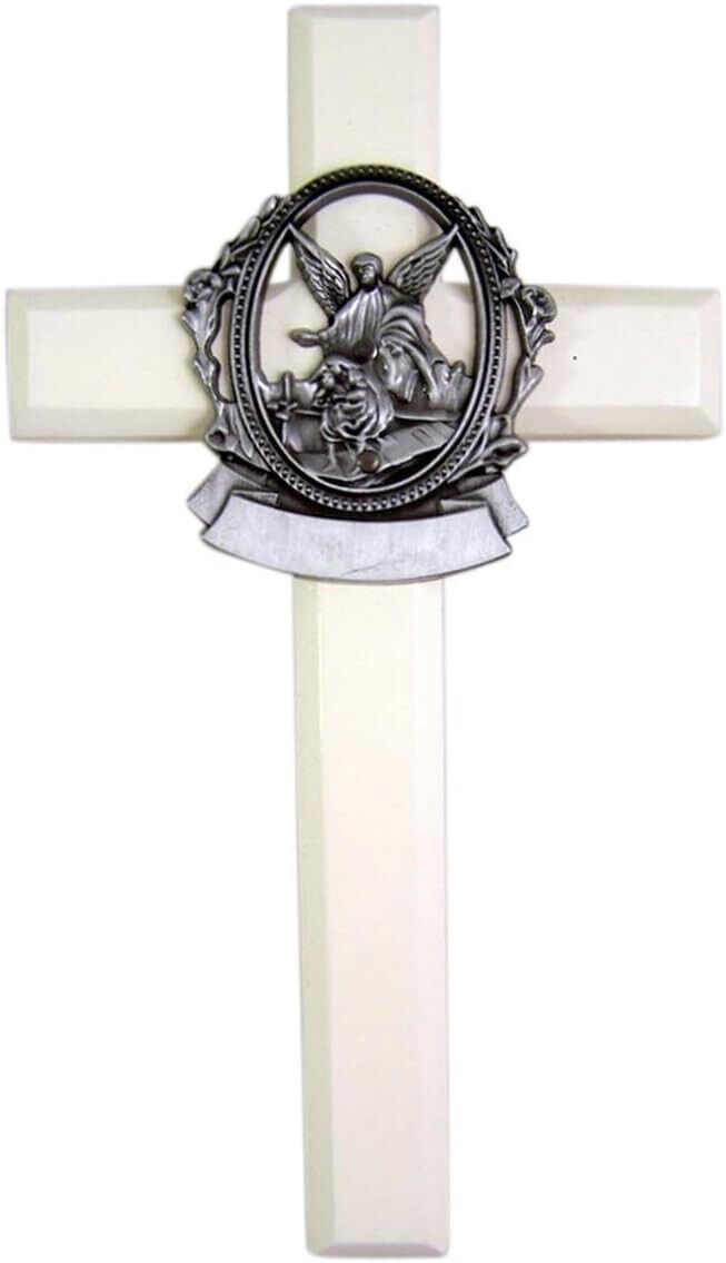 Guardian Angel White Painted Wood Cross, Girls First Communion Gift, Religious