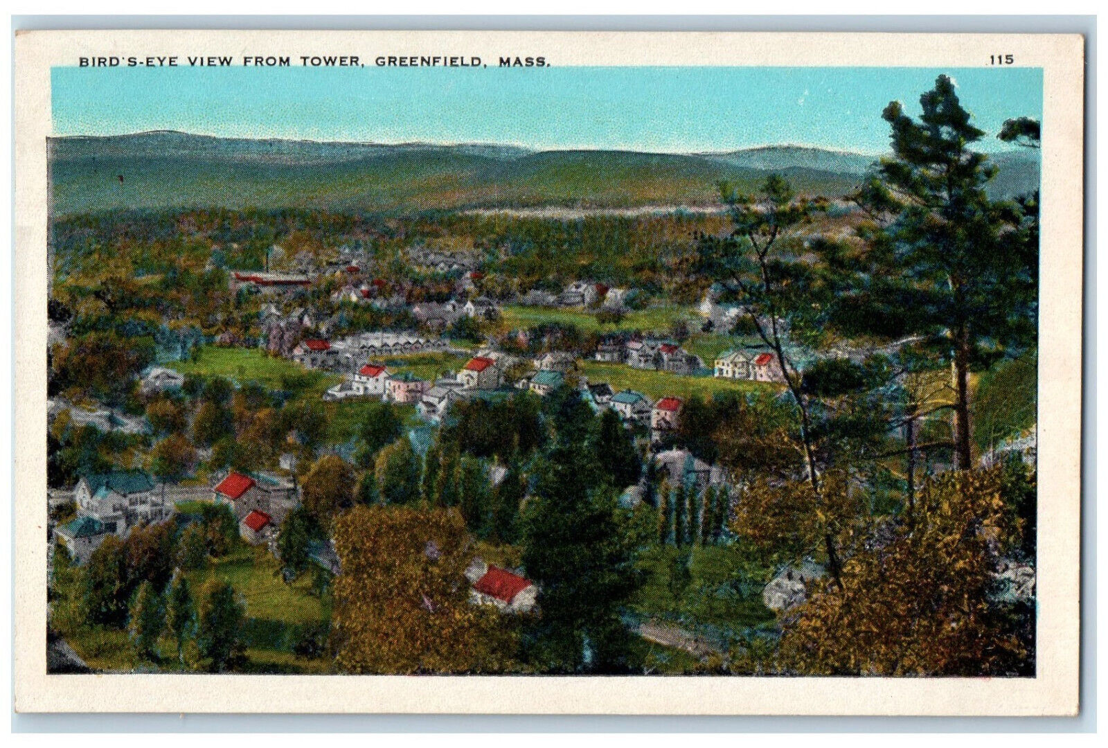 c1930's Bird's Eye View from Tower Greenfield Massachusetts MA Vintage Postcard