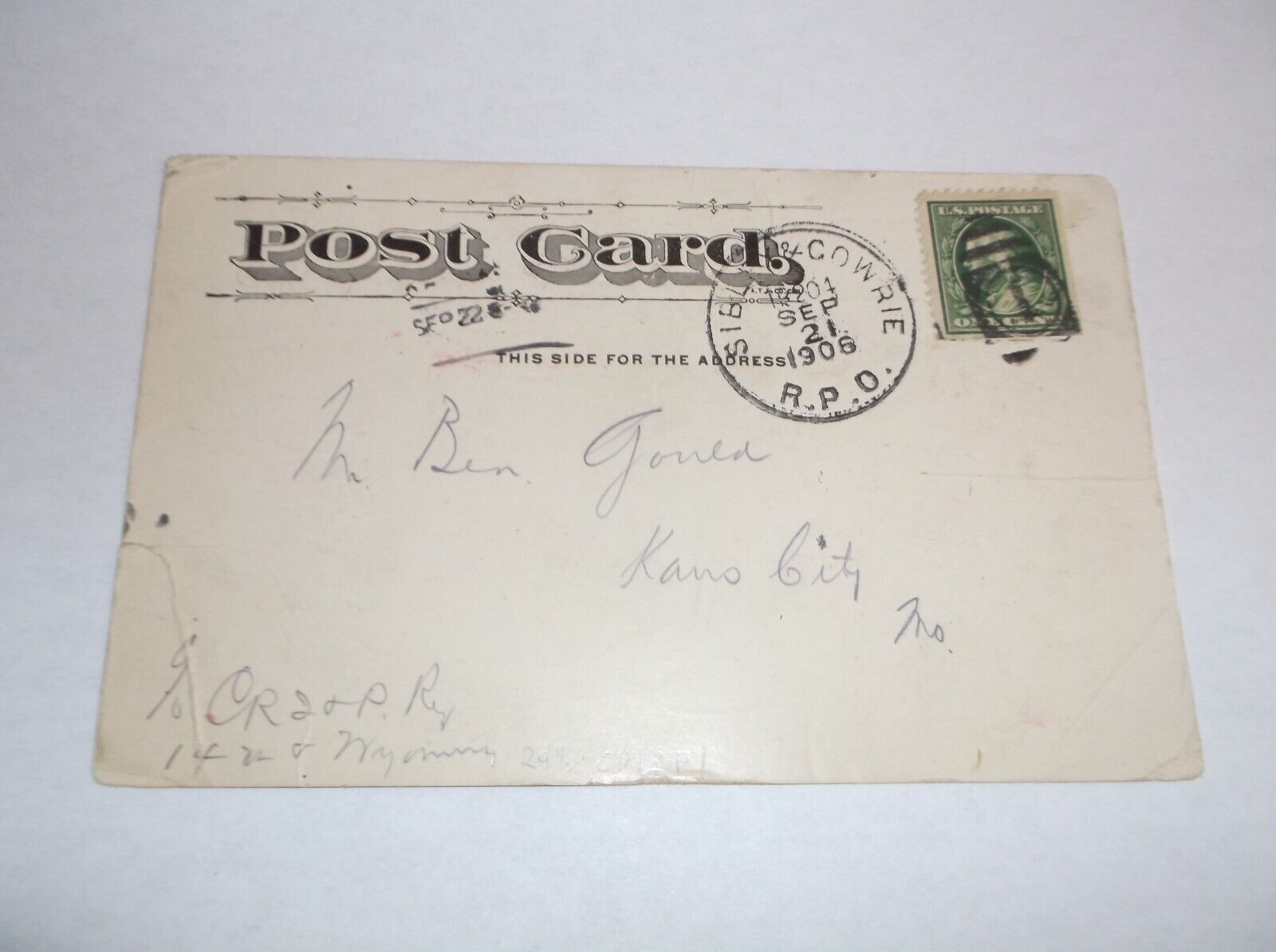 1906 ROCK ISLAND CRI&P SIBLEY & COWRIE TRAIN #201 RPO HANDLED POST CARD