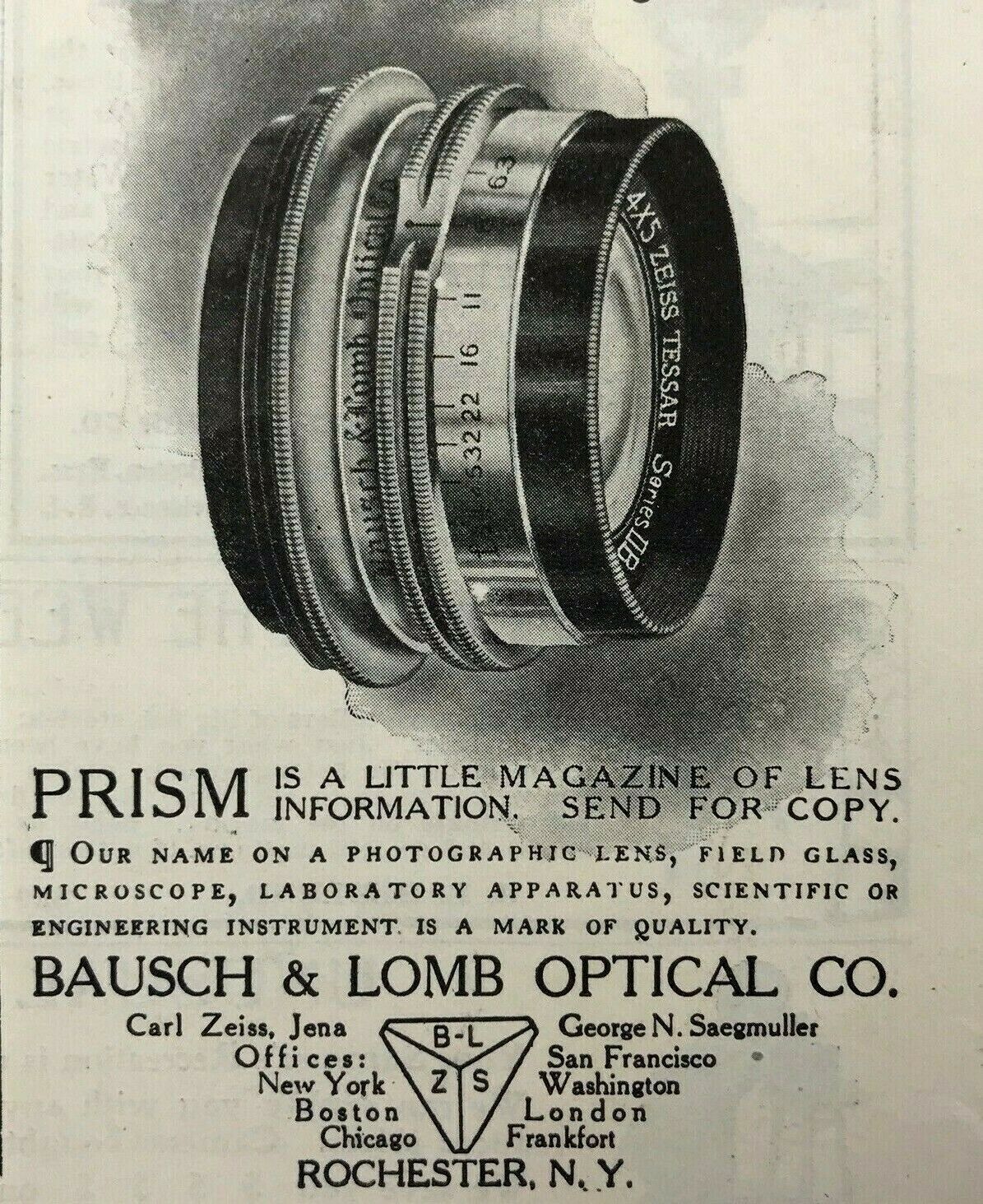 Advertising 1908 Bausch & Lomb Ziess Optical Lens Rochester NY New York Print Ad