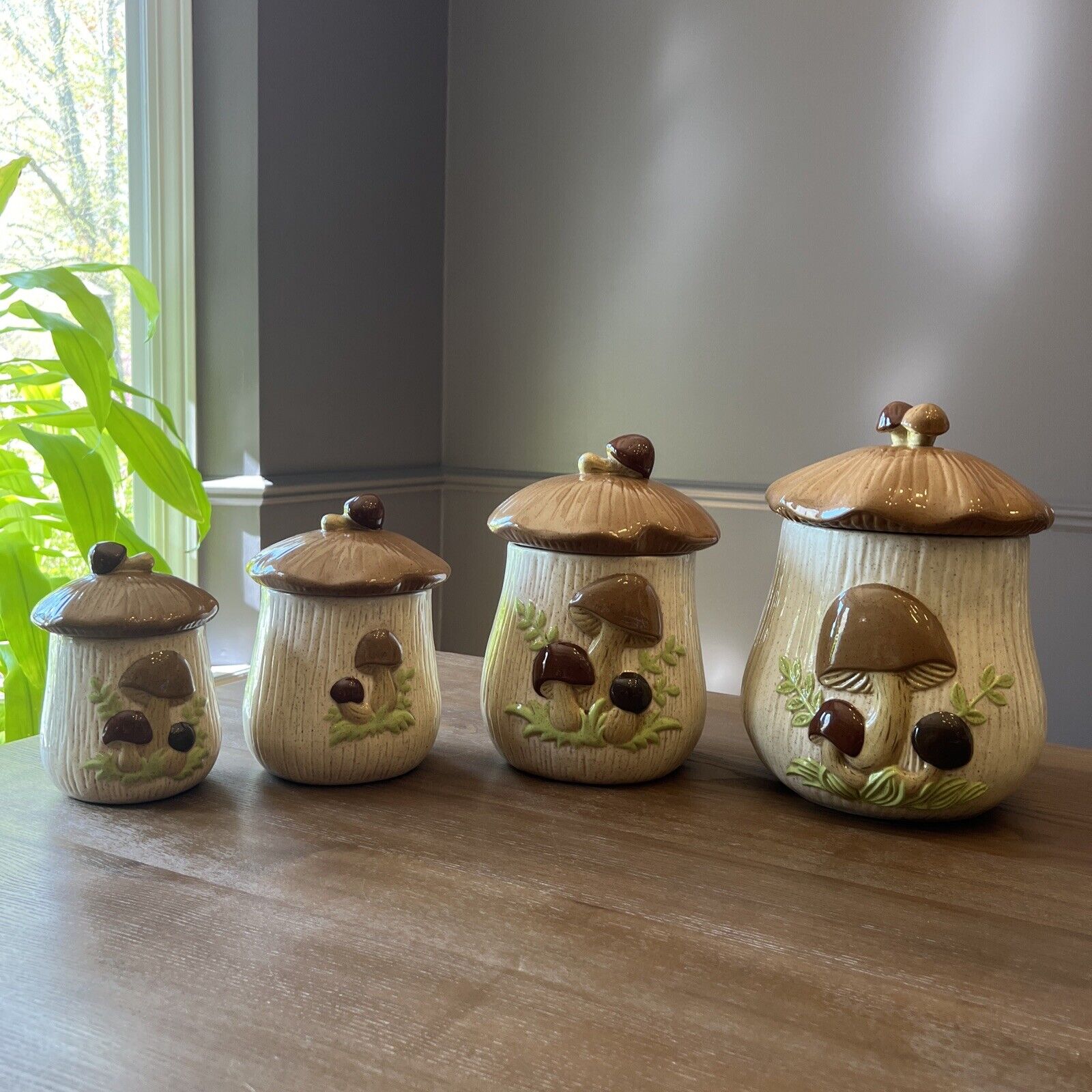 Vintage Arnel\'s Handmade Hand Painted Ceramic 🍄‍🟫 Mushroom Jar Canister Set 4