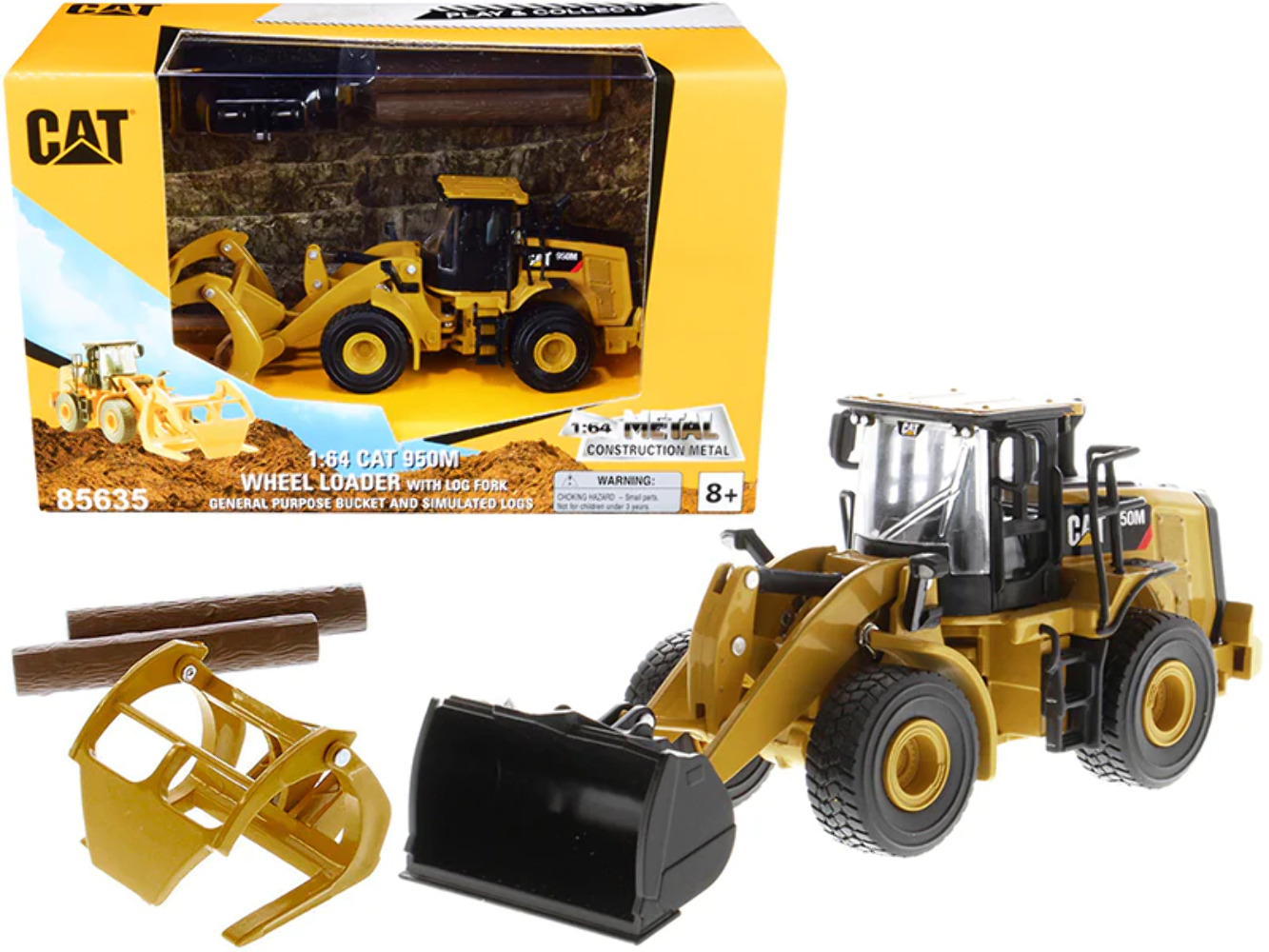 CAT 950M Loader Bucket Log Fork Two Poles Play Collect 1/64 Diecast Model