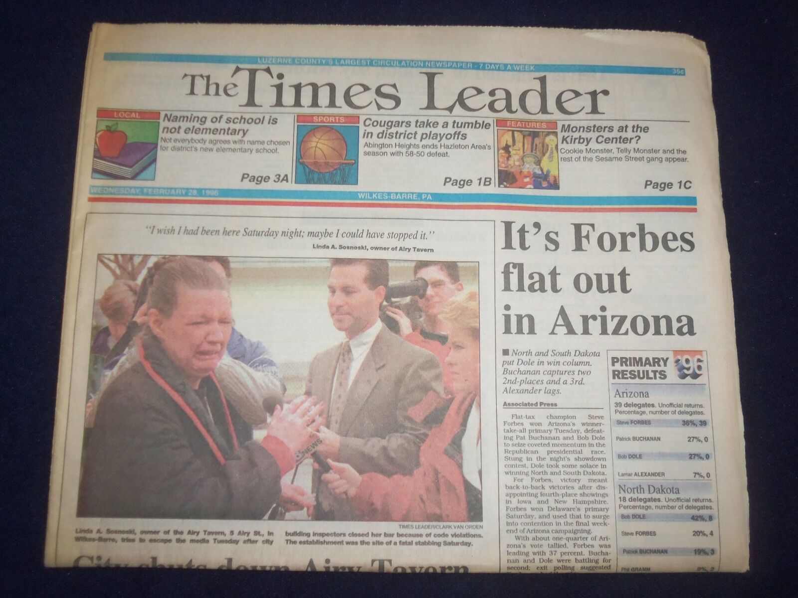 1996 FEB 28 WILKES-BARRE TIMES LEADER - STEVE FORBES WINS IN ARIZONA - NP 8147