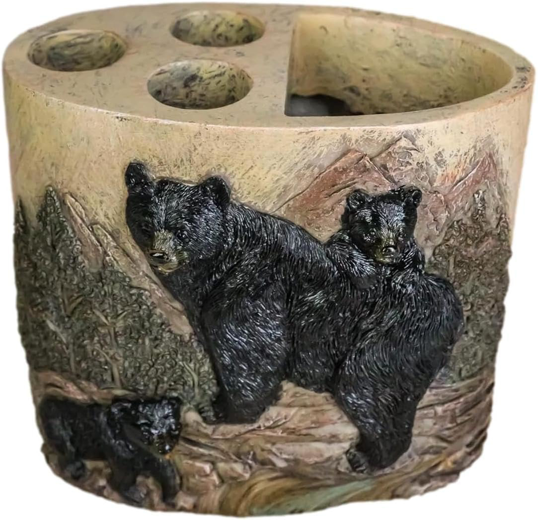 Ebros Wildlife Rustic Mountain Black Mama Bear with Cubs Family in Pine Trees Fo