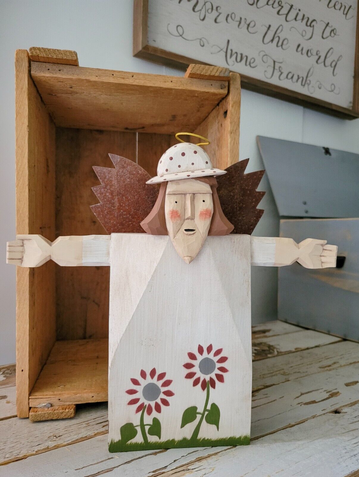 Vintage CHRIS FLESHER Folk Art Wood Hand Carved Standing Woman Tabletop Decor