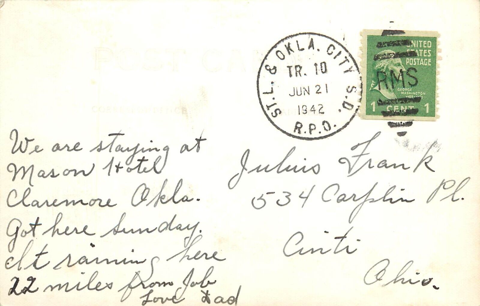 Postcard RPO ST.L. Okla. City S.D. Track 10 RMS Will Rogers Memorial Claremore