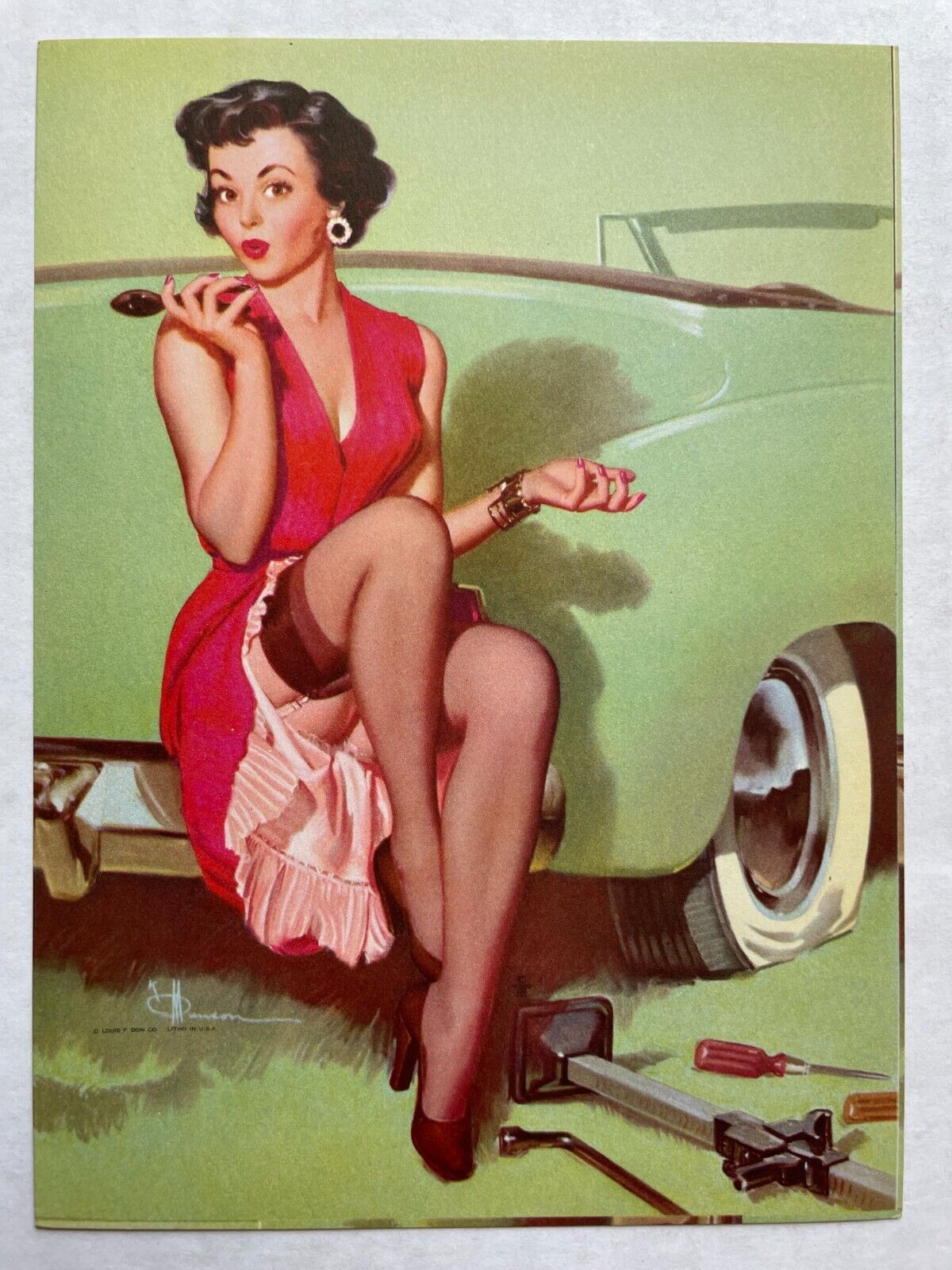 1950-60\'s SMALL Pinup Girl Picture Woman Changing Flat Tire by KO Munson