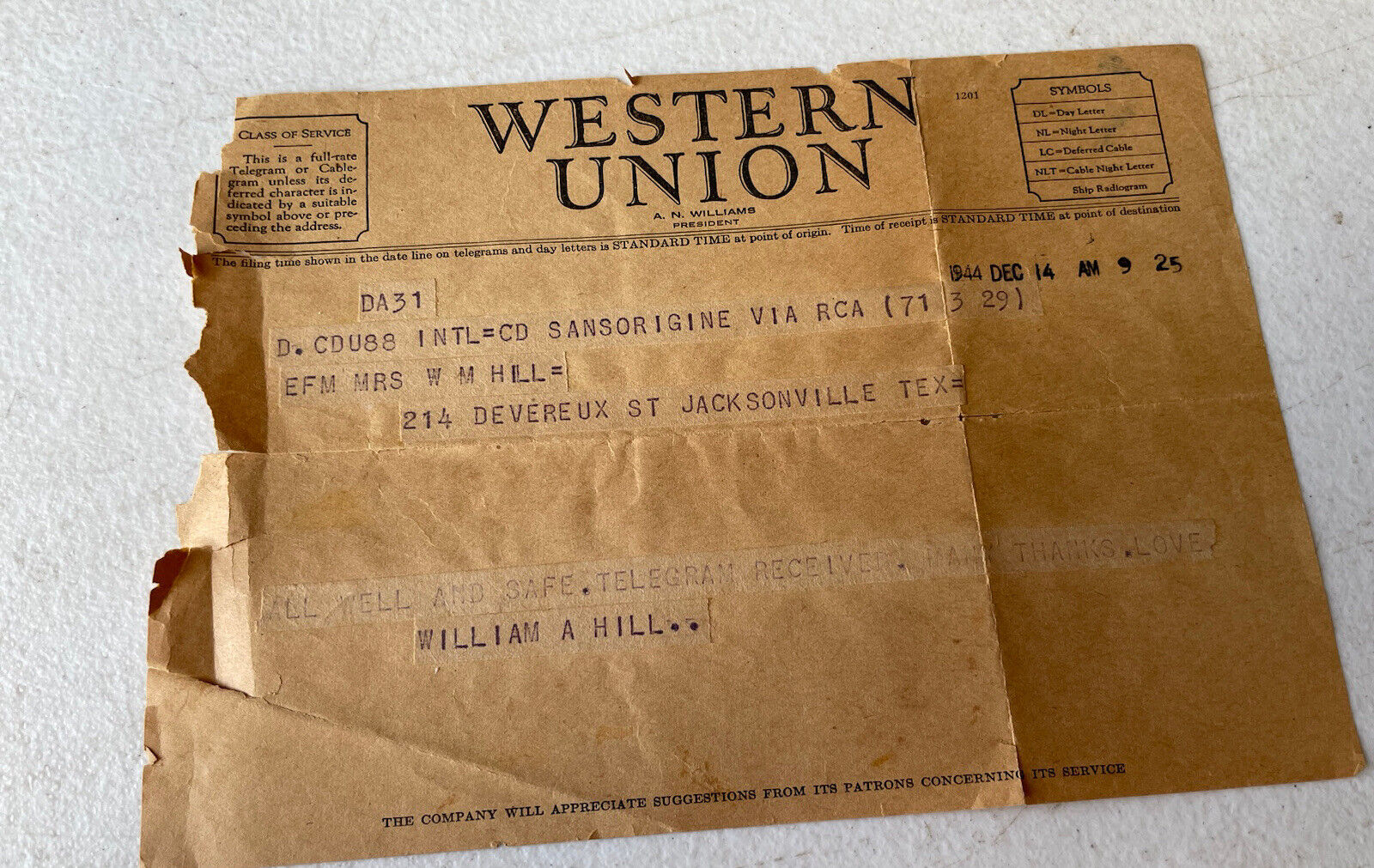 western union telegram 1944 December Jacksonville Texas
