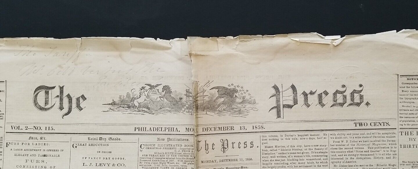 RARE Antique 1858 THE PRESS Newspaper ~ Philadelphia ~ Vol. 2, No. 115