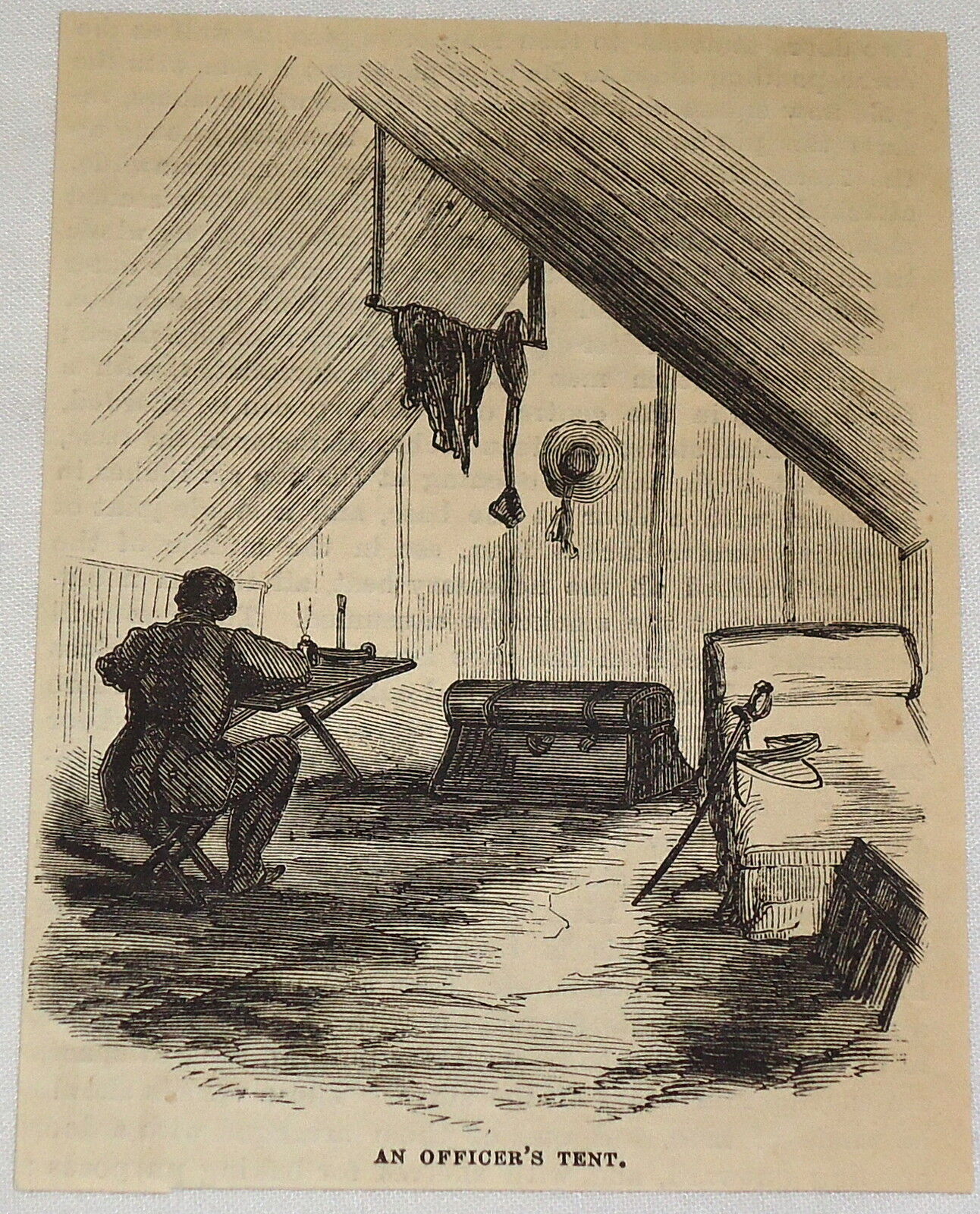 1881 magazine engraving ~ MILITARY OFFICER SITS INSIDE HIS TENT 