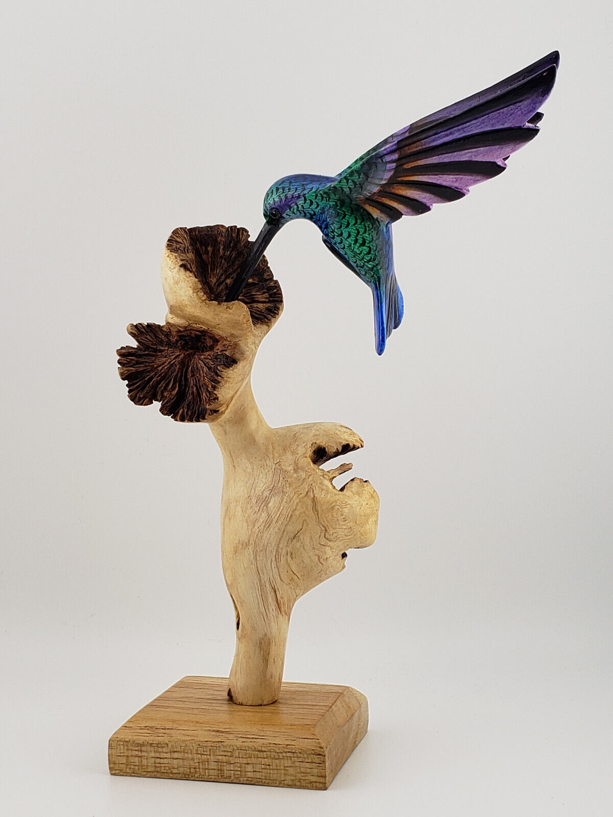 Wood Carved Multi Colored Hummingbird Statue Bird Sculpture
