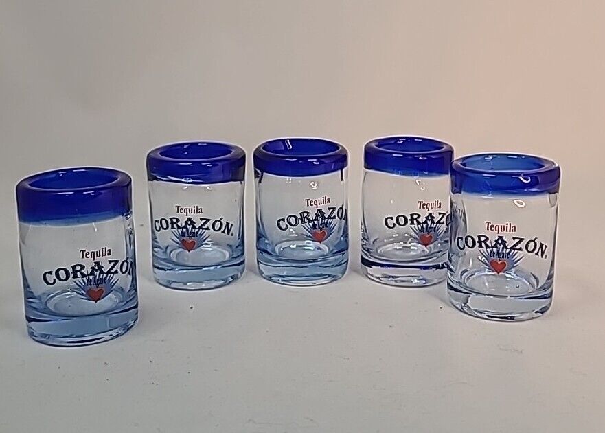 (5) LOT Corazon Tequila Shot Glasses Cobalt blue rims (Heavy Duty) NWOB