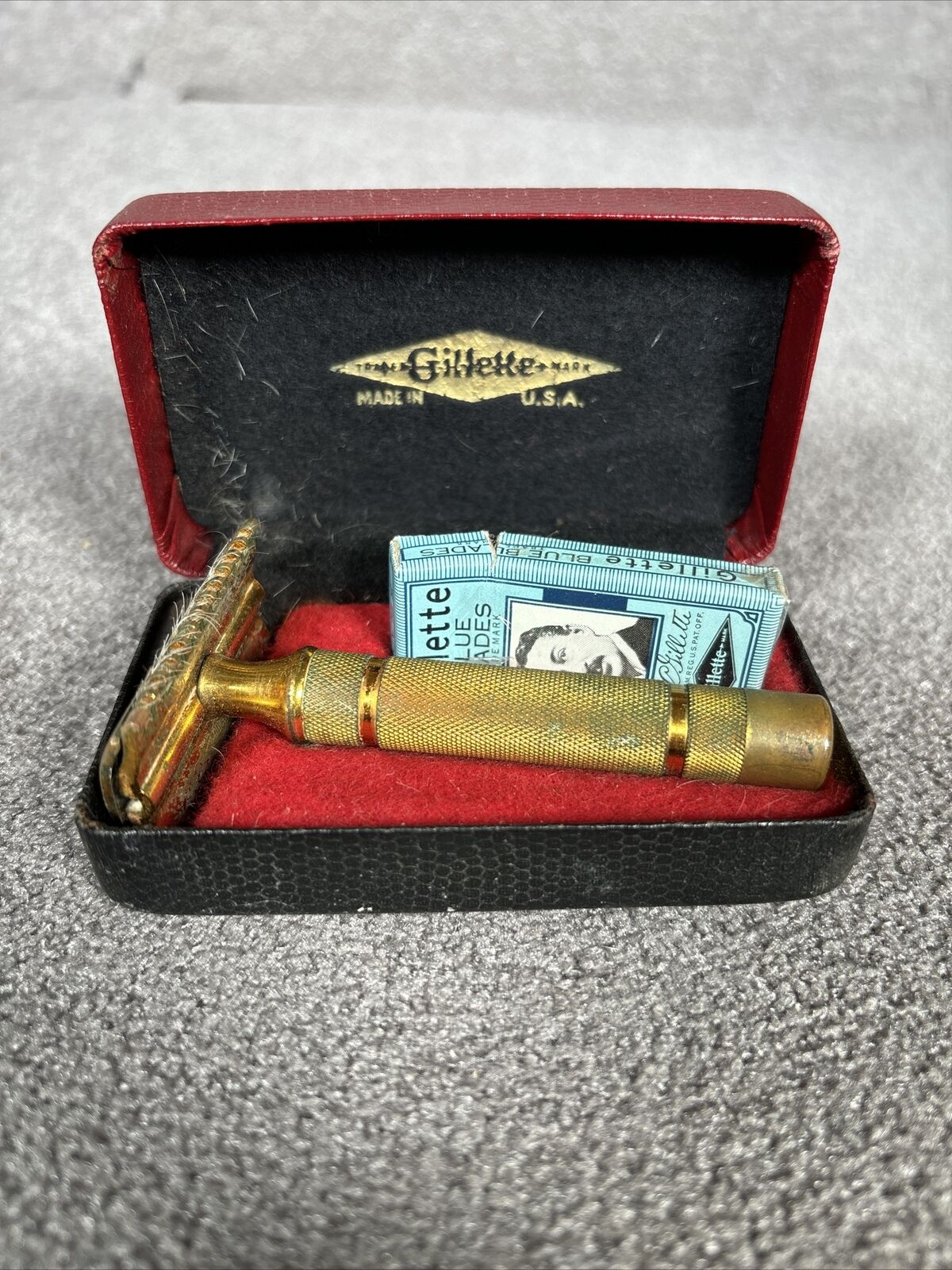 Vintage Gillette Safety Razor Gold With Case Blue Blades
