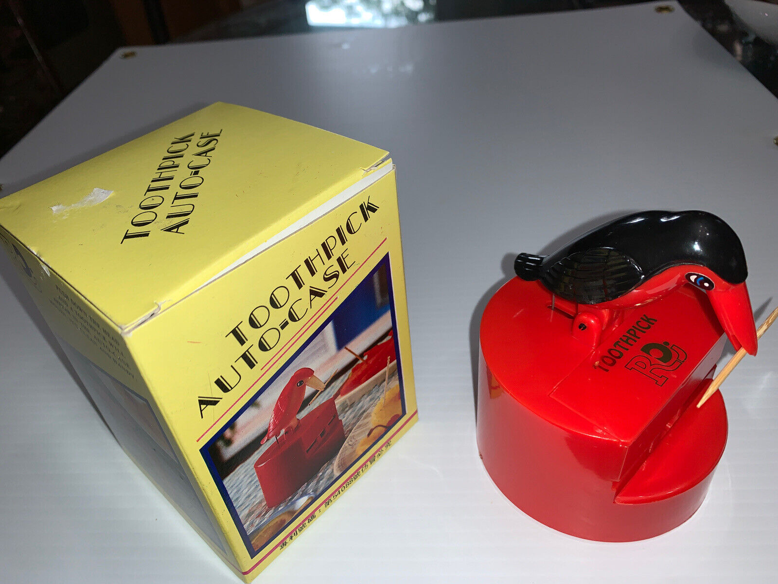 Rdj Red/Black Bird Plastic Mechanical Toothpick Auto-Case Holder Dispenser “NEW”