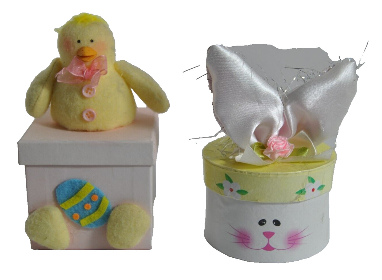 Vintage Easter Boxes Lot of 2 Square Box with Chick and Round Box with Satin Ear