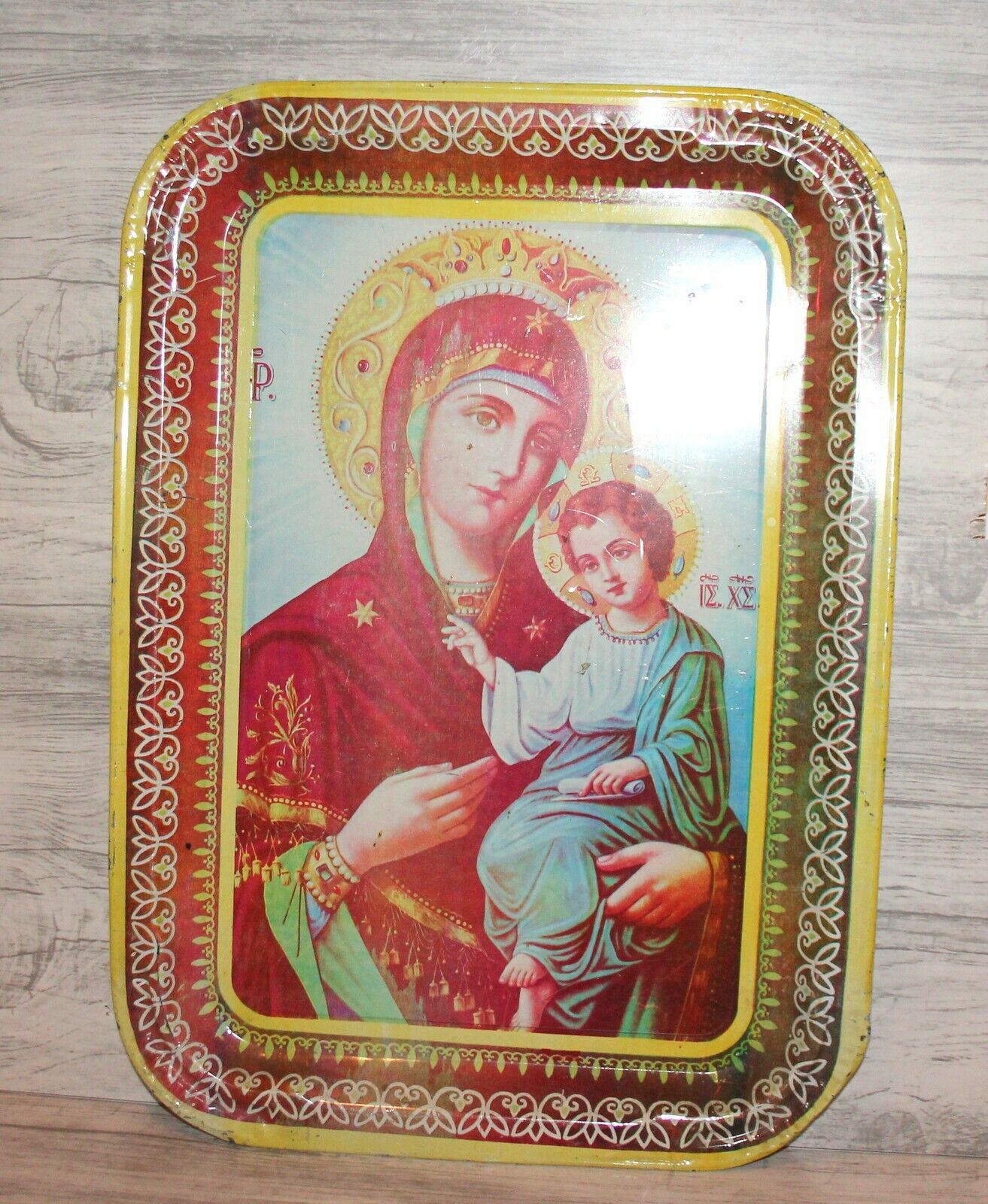 Vintage religious tole tin serving tray The Virgin Mary Jesus Christ child