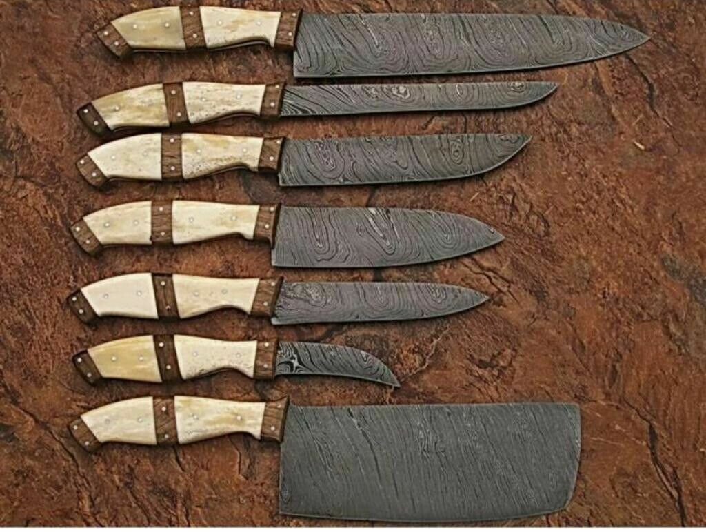 7 Custom Handmade Damascus steel Chef Knife set wood + Awesome  Handles