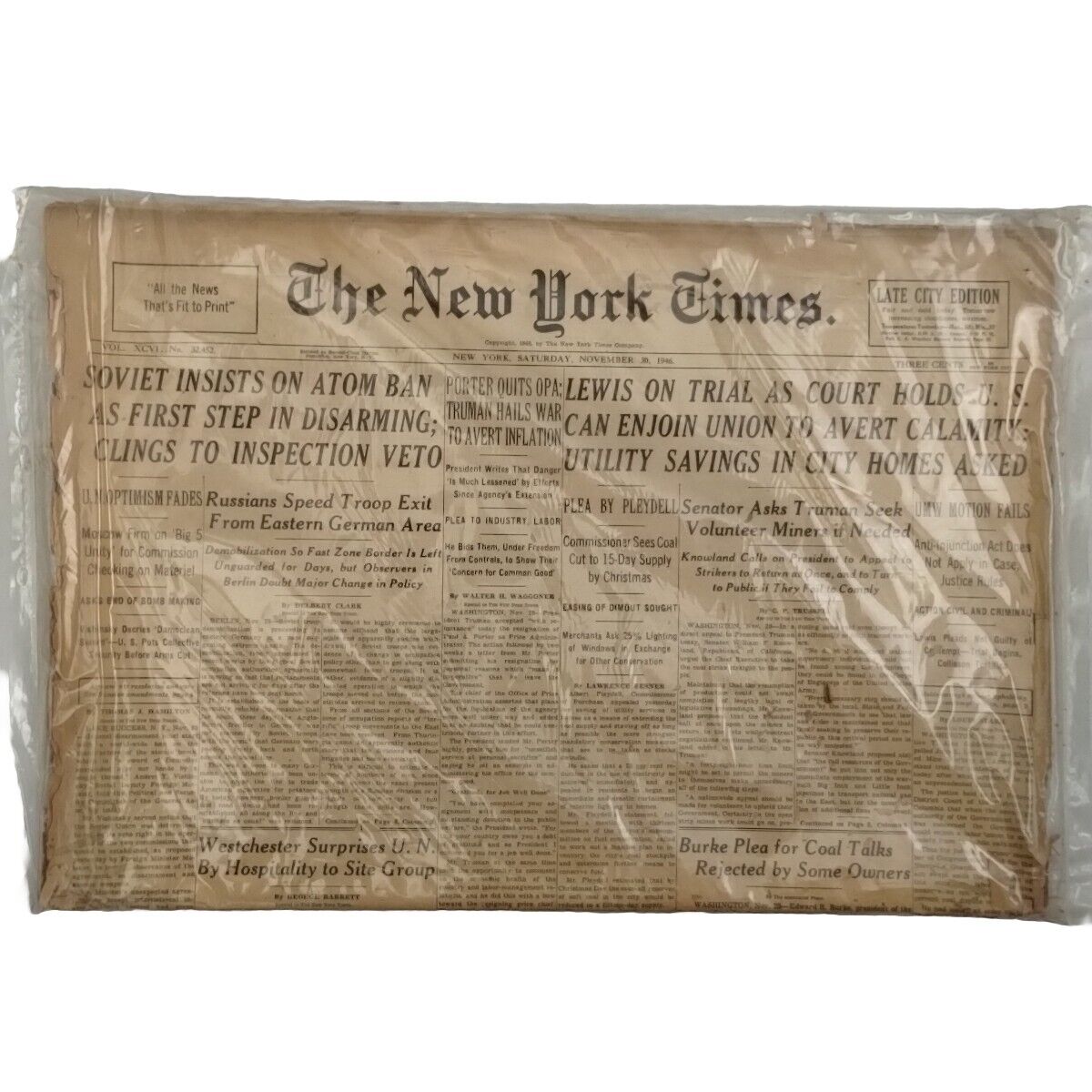 New York Times Newspaper November 30th 1946 WW2 Soviet Insist On Atom Ban Sealed