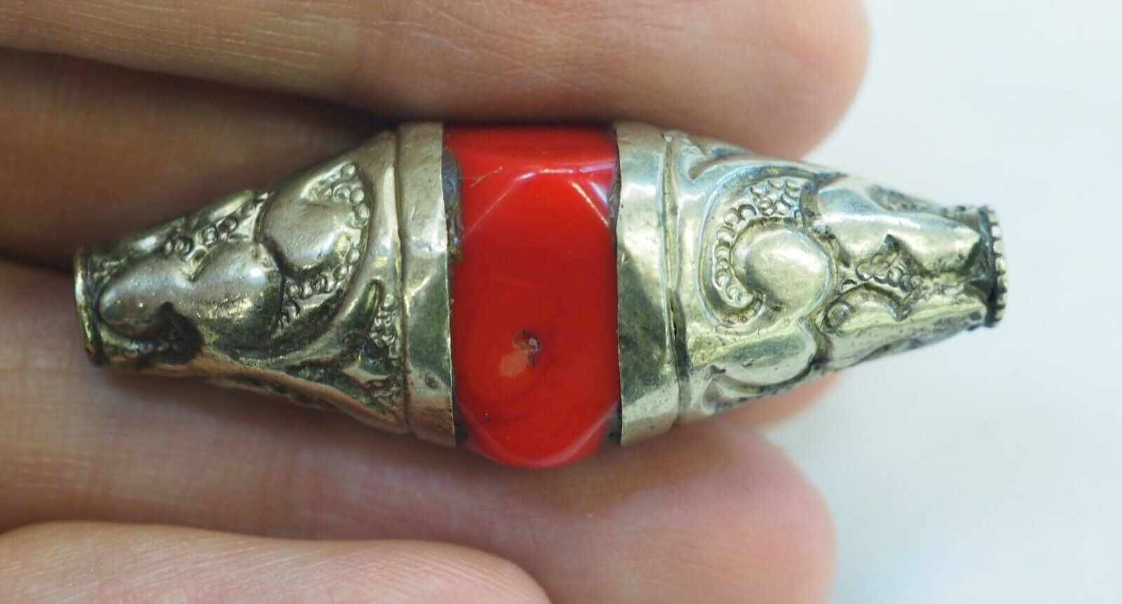 Antique Red Coral Flower Decorated Sterling Silver Capped Nepalese Bead Pendant