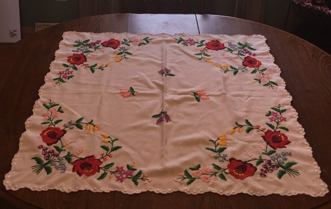 Vintage Square Table Cloth 33.5” Square White With Bright Floral Embroidery 