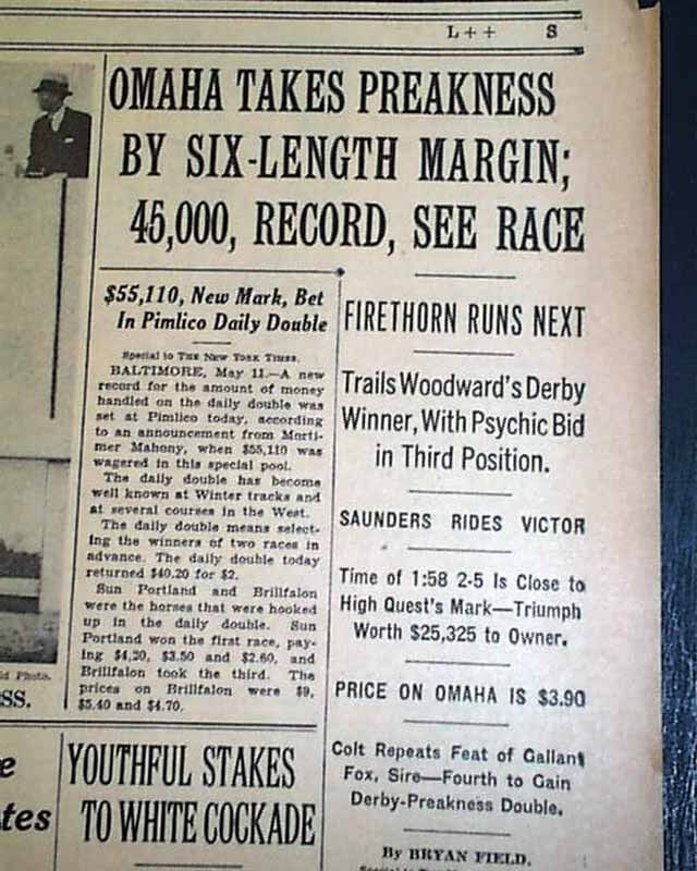 OMAHA Triple Crown Thoroughbred Horse Racing PREAKNESS STAKES Win 1935 Newspaper
