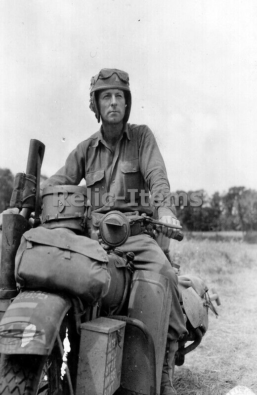 WW2 Picture Photo 3rd Armored Division on his Harley Davidson Normady 1944. 1545