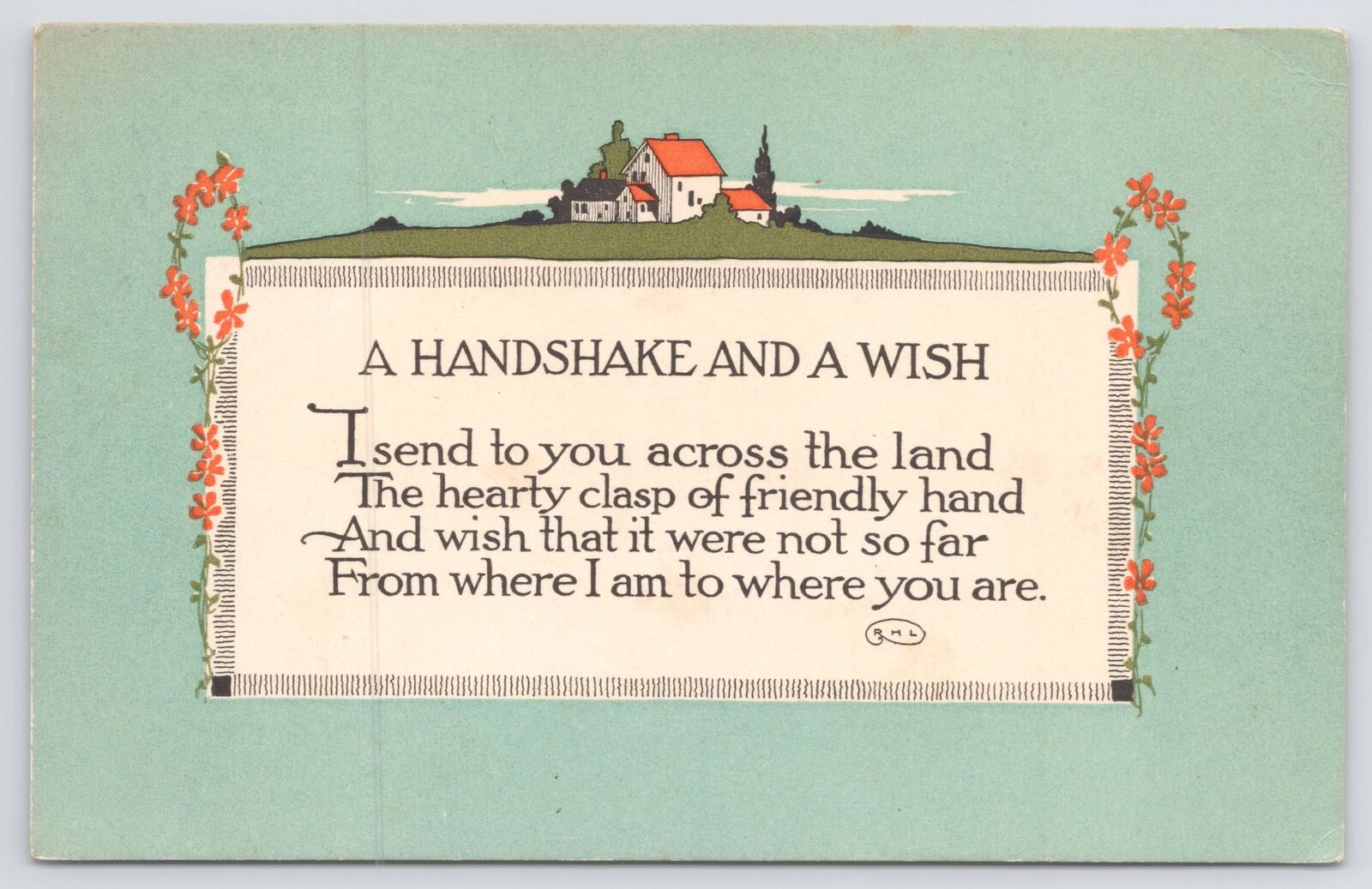 A Handshake & A Wish~Across The Land~Art Deco~Robert H Lord #5164~1914 Postcard