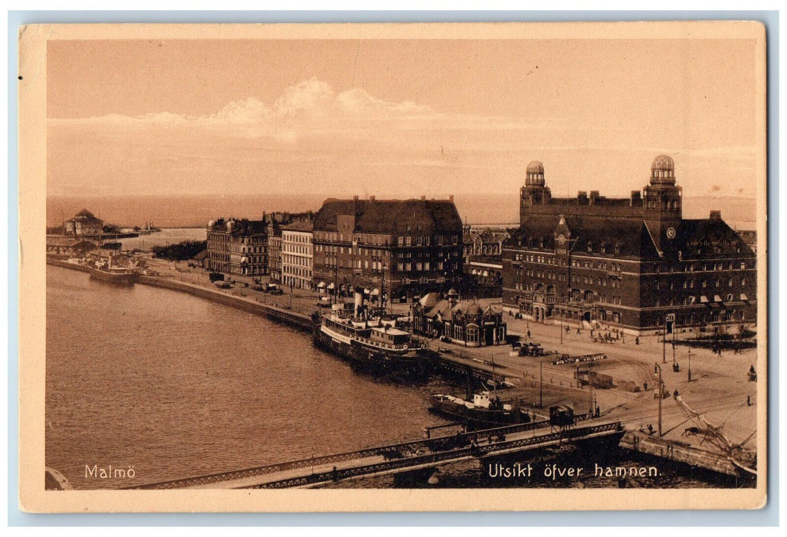 Malmo Sweden Postcard View of the Harbor Steamship c1930's Vintage Unposted