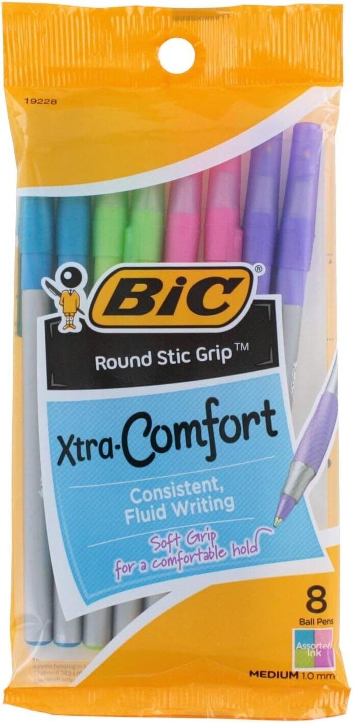 BIC Round Stic Grip Xtra Comfort Fashion Ballpoint Pens, Assorted Fashion Colors