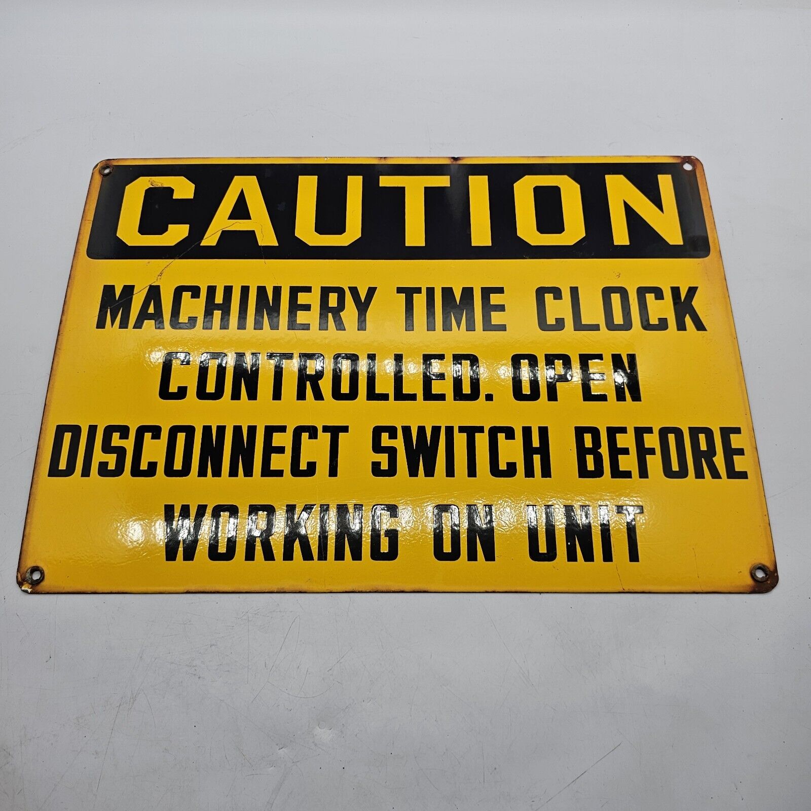 Porcelain OILFIELD CAUTION SIGN “Machinery Time Clock Controlled ” 20x14