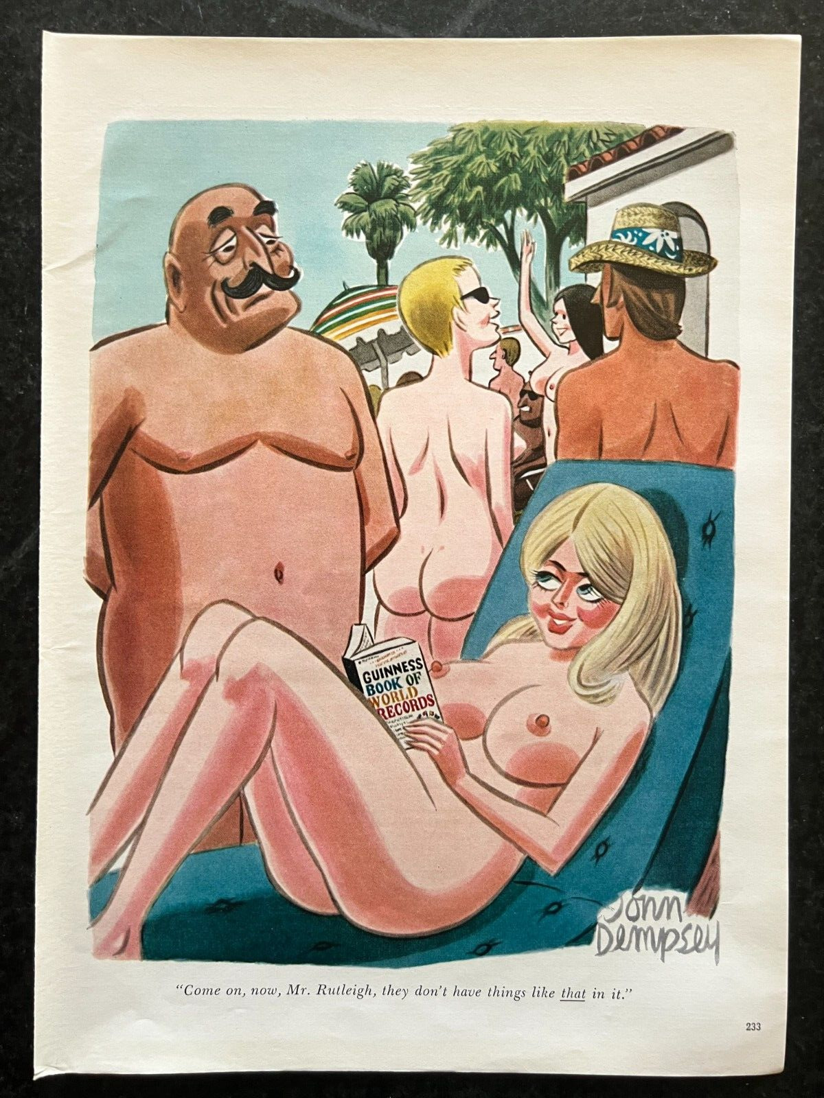1970 Playboy John Dempsey Print Cartoon Guinness World Record Nudists Penis Size