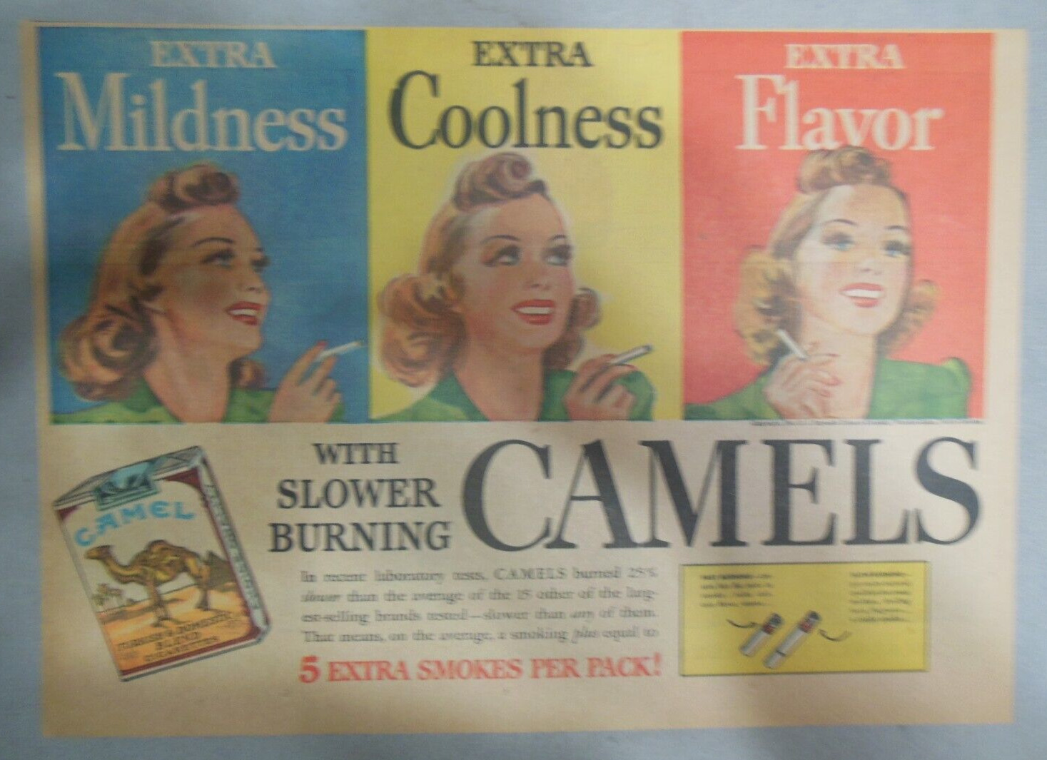 Camel Cigarette Ad: Extra Mildness, Coolness  from 1940  Size: 11 x 15 inch