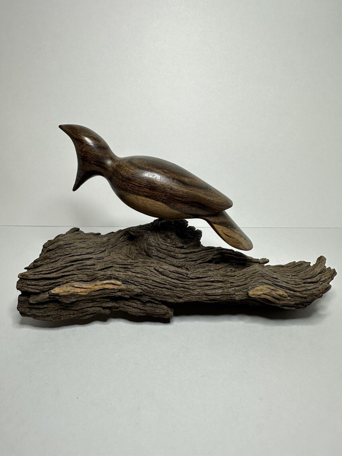 Vintage Hand Carved Woodpecker on Burl Wood Base 7.5” Tall