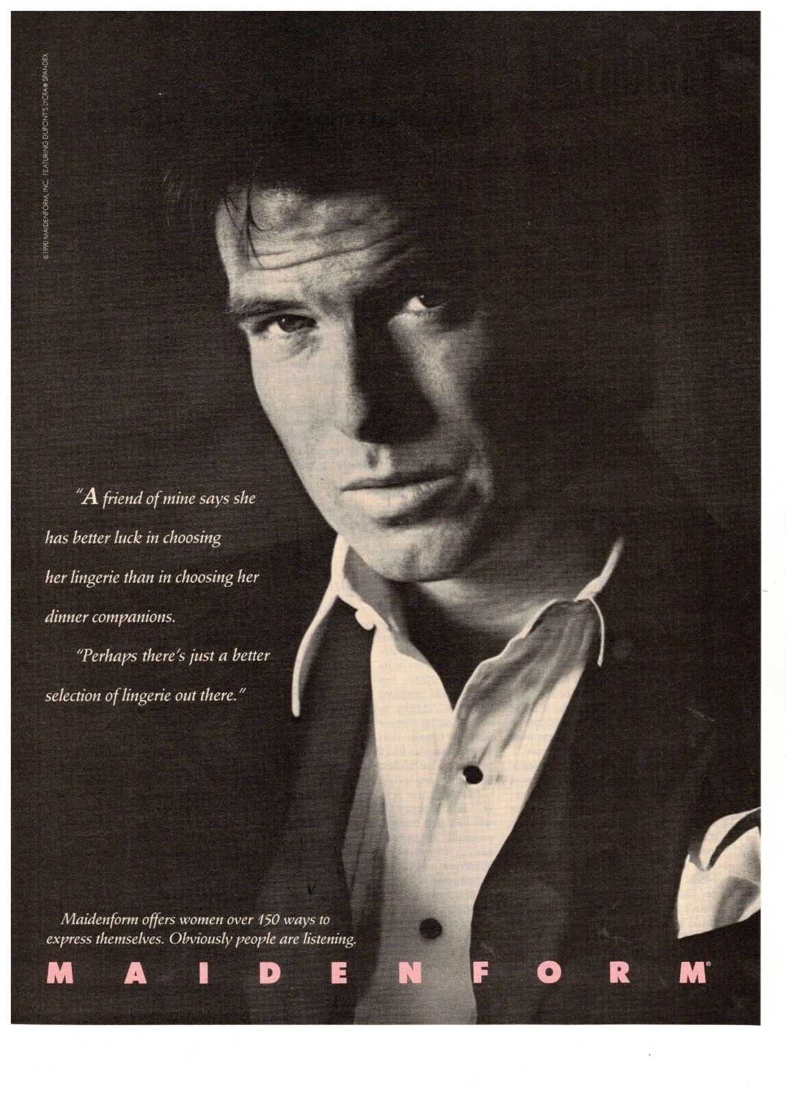 Maidenform Lingerie Pierce Brosnan Smolder Vintage 1988 Print Ad