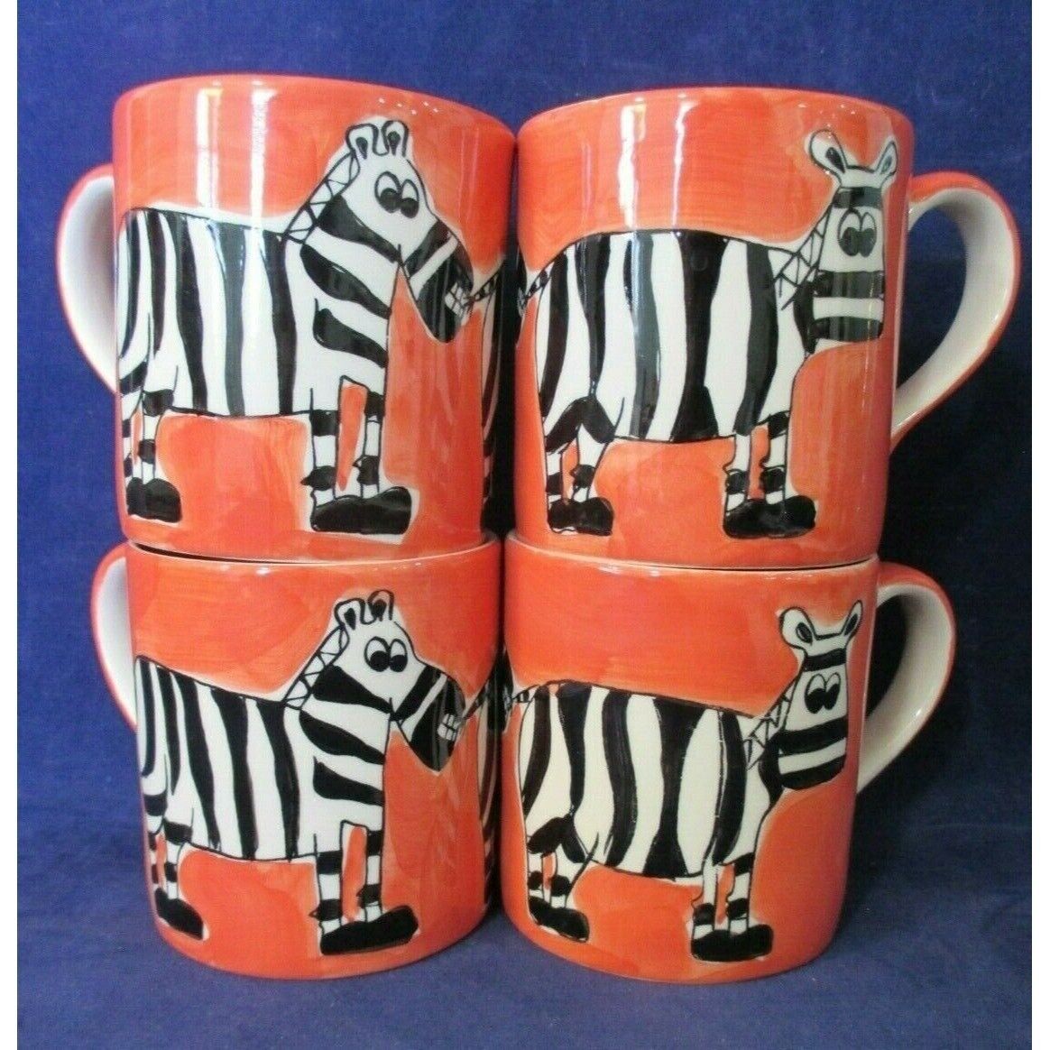 Orange Zebra Tea Mugs Whittard of Chelsea Hand Painted Set of 4