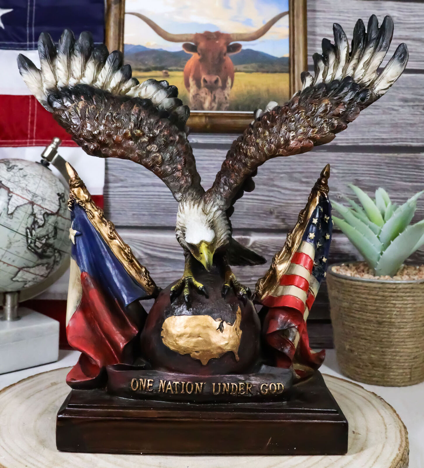 Bald Eagle On Globe With Texas & American Flags Figurine One Nation Under God