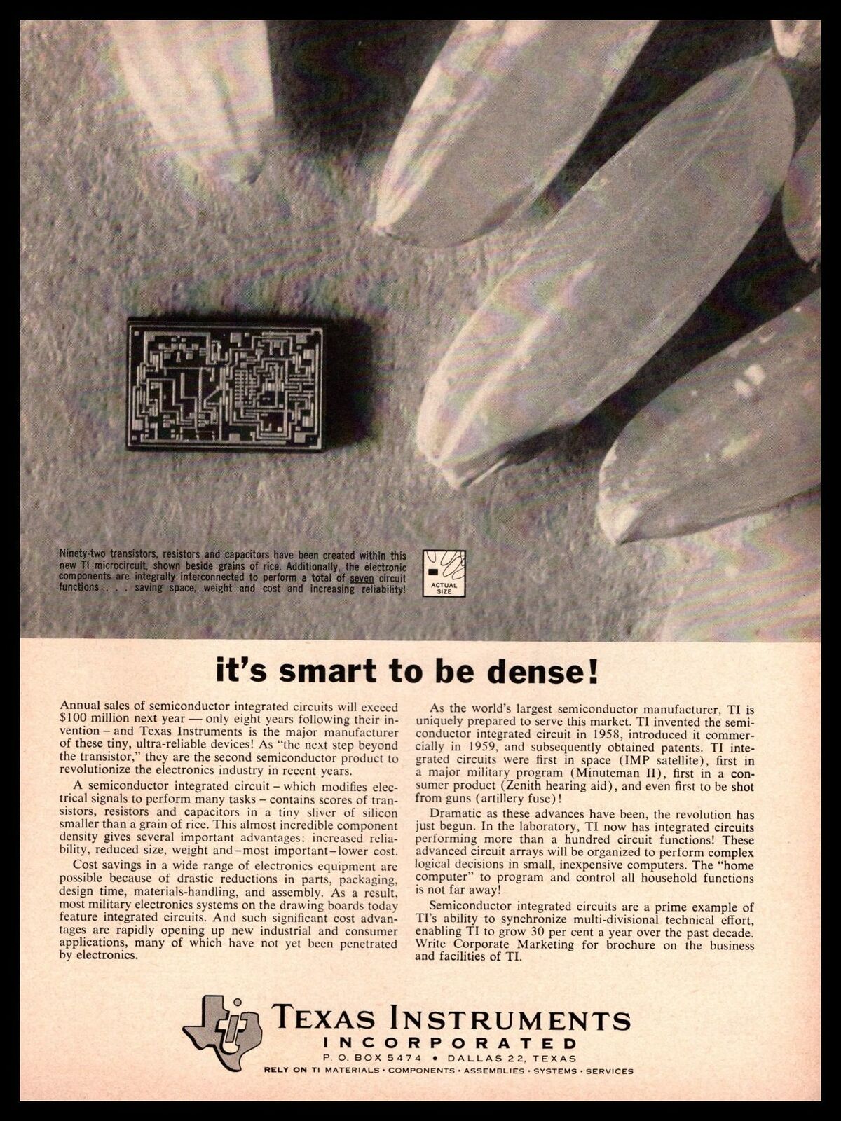 1965 Texas Instruments Dallas TX Integrated Circuits Semiconductor Chip Print Ad