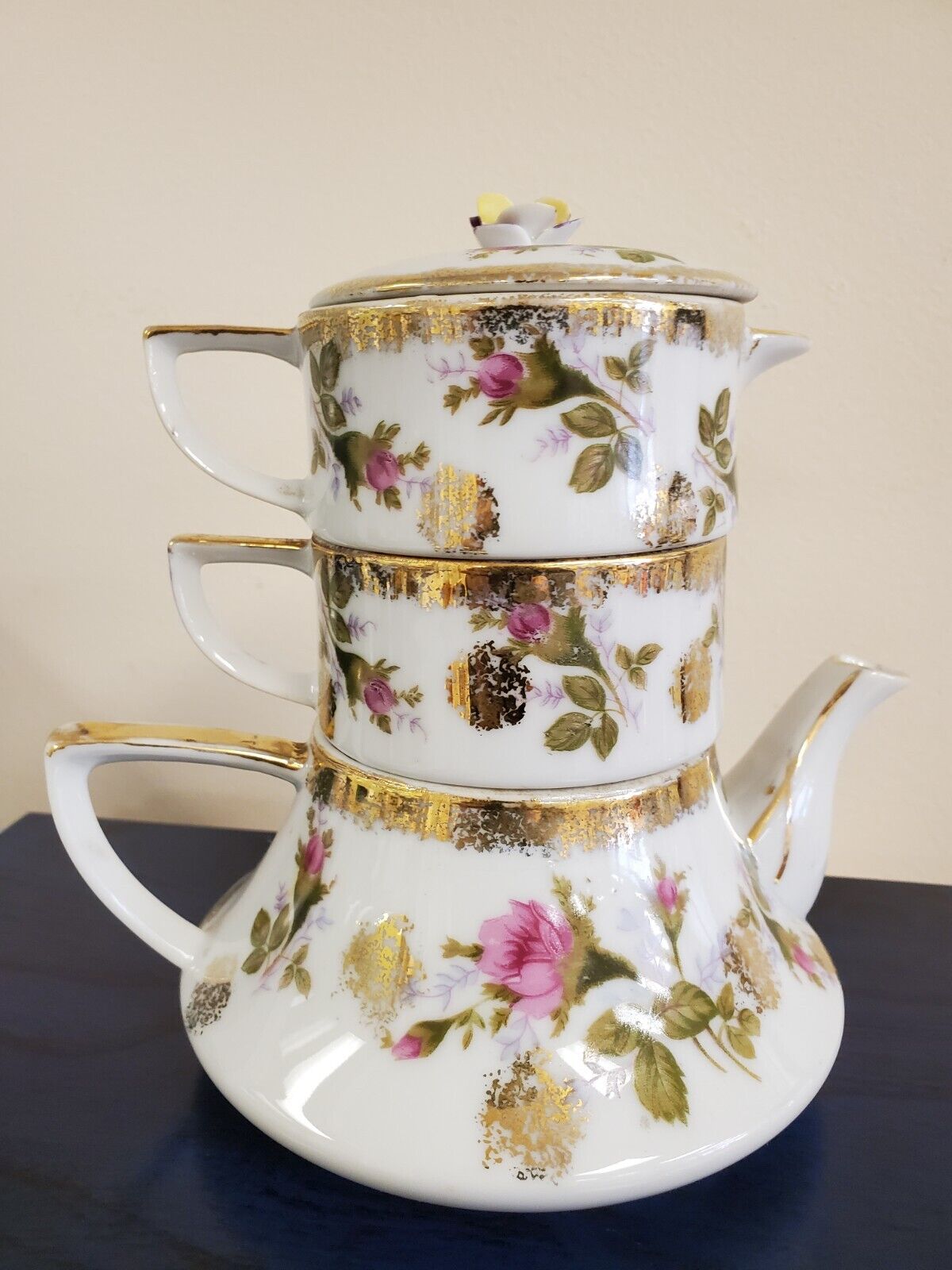 Vintage Lefton Stacking Teapot Set Pink Roses Sugar Bowl Creamer Gold Trim 