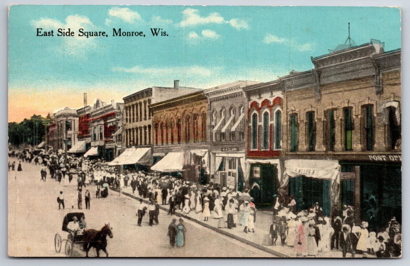 Monroe Wisconsin~East Side Square~Main Street~Post Office~1914 Postcard