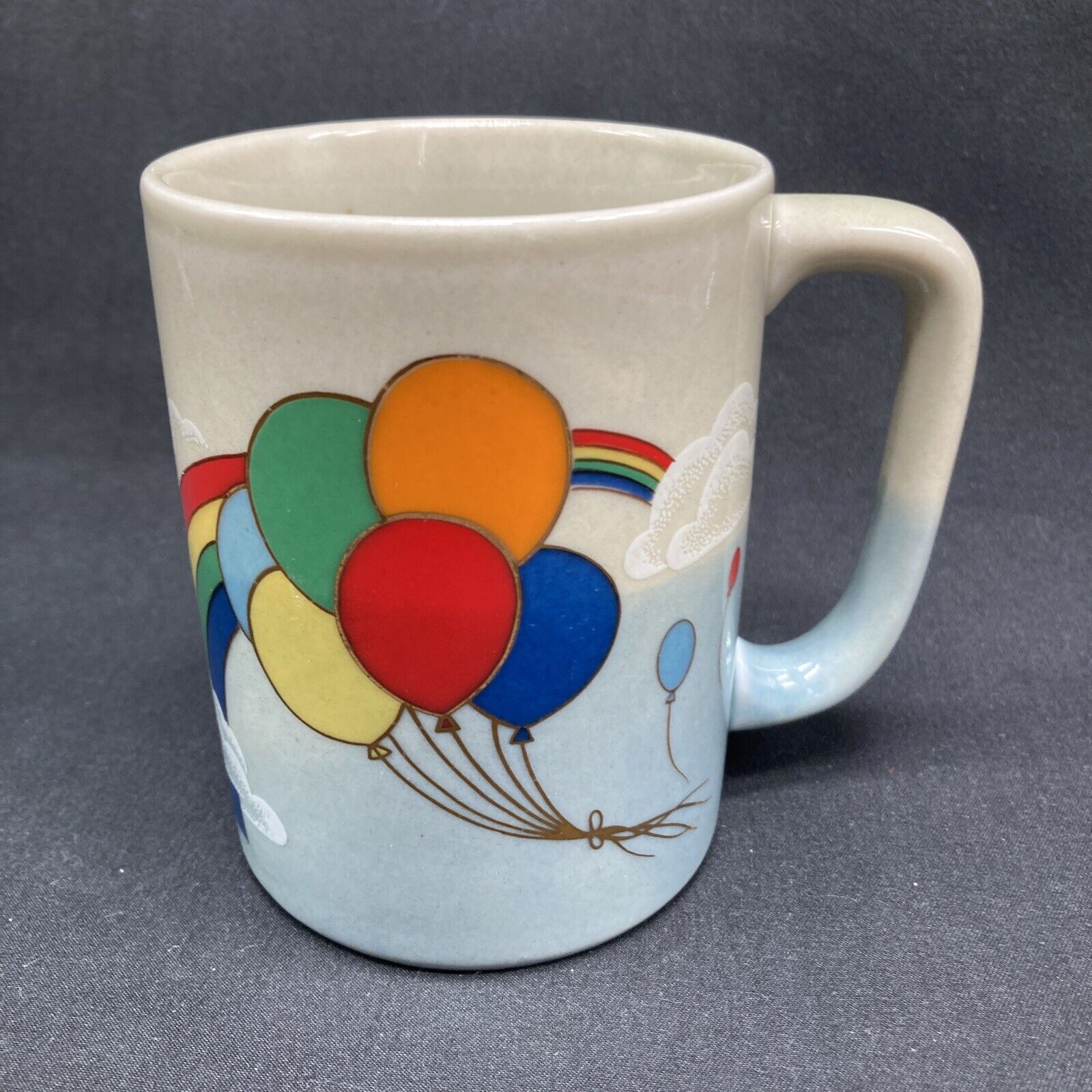 Vintage Otagiri Rainbow Balloons Bouquet Coffee Cup Mug Japan Clouds Blue Gray 