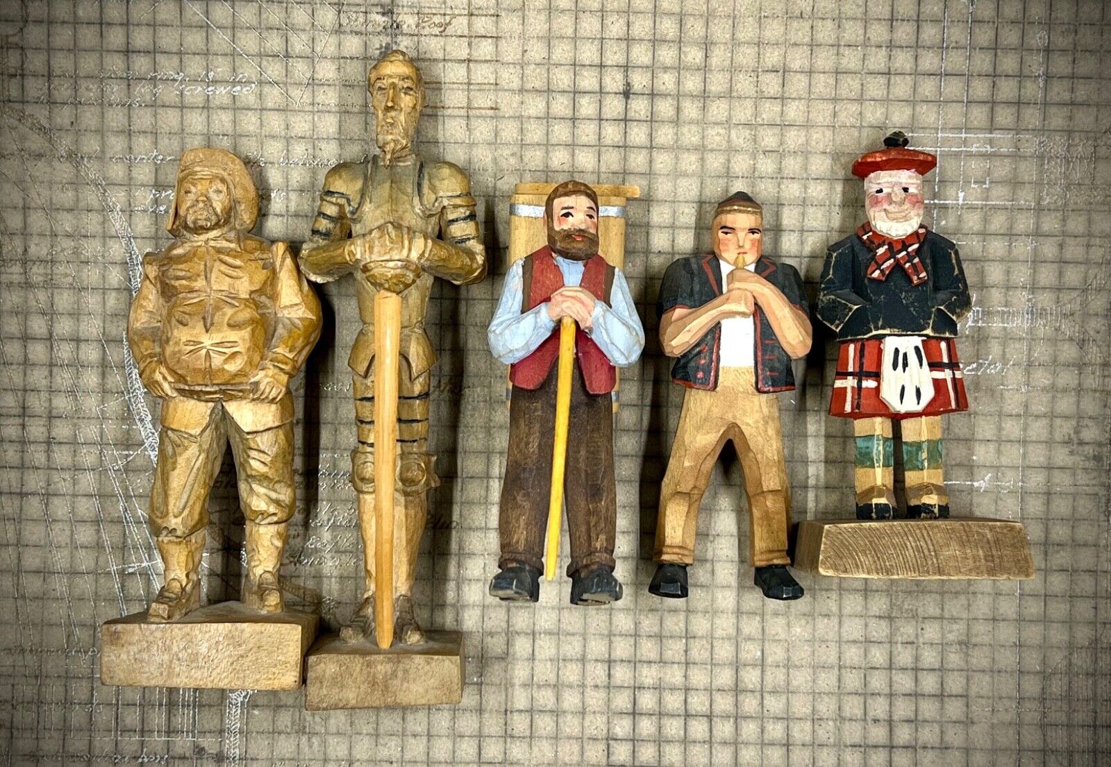Vintage Lot of 5 Wood Carved Folk Art Figures, Ouro, Hans Huggler Wyss, Boyer