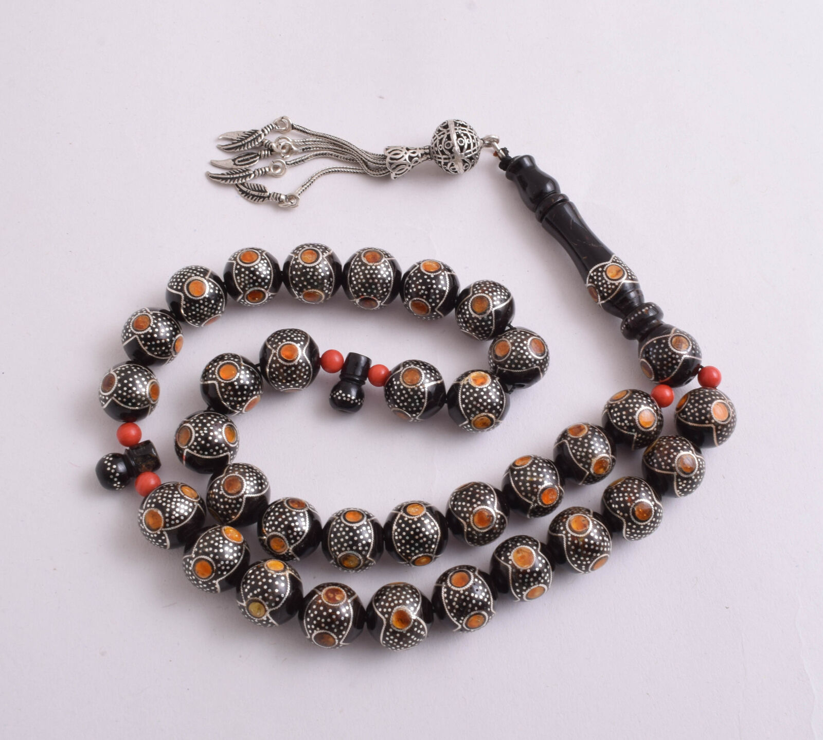 Black coral Islamic Prayer Beads-Silver-Amber-Rosary- سبحة يسر طبيعي  مطعم فضة