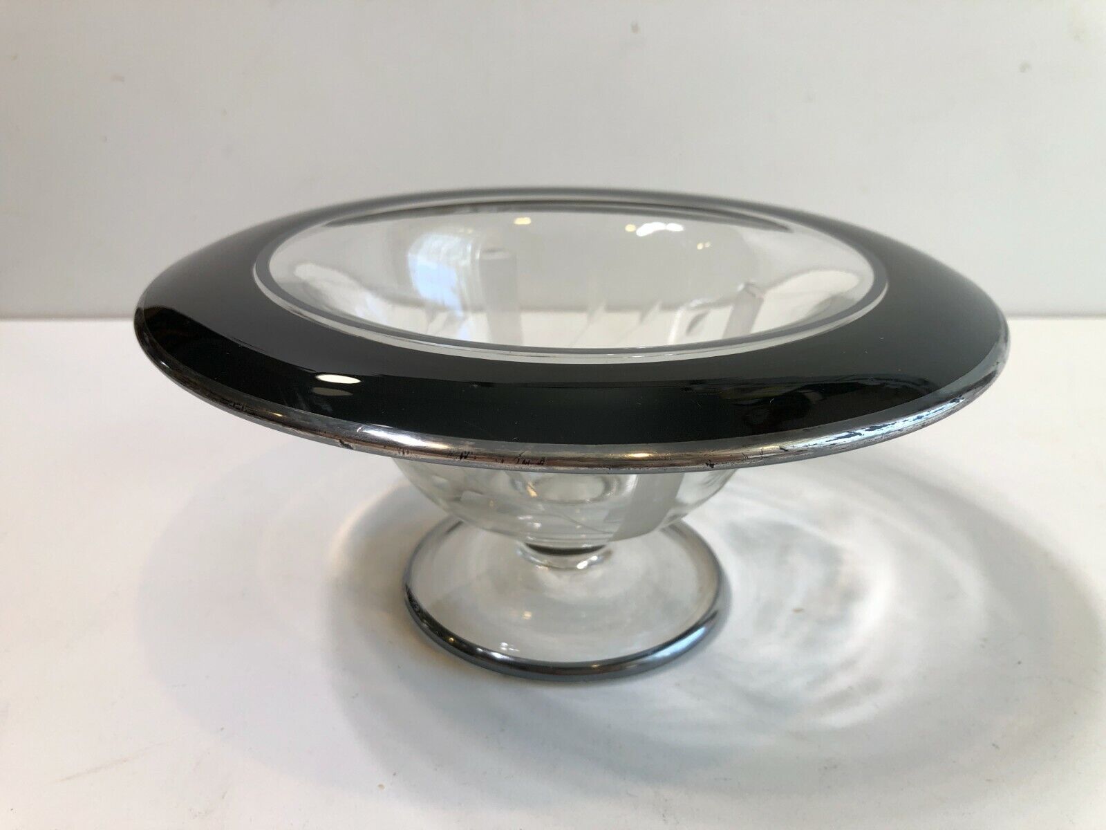 Vintage Etched Crystal Candy Dish Pedestal Bowl, Black & Silver Rim, 8 1/2\
