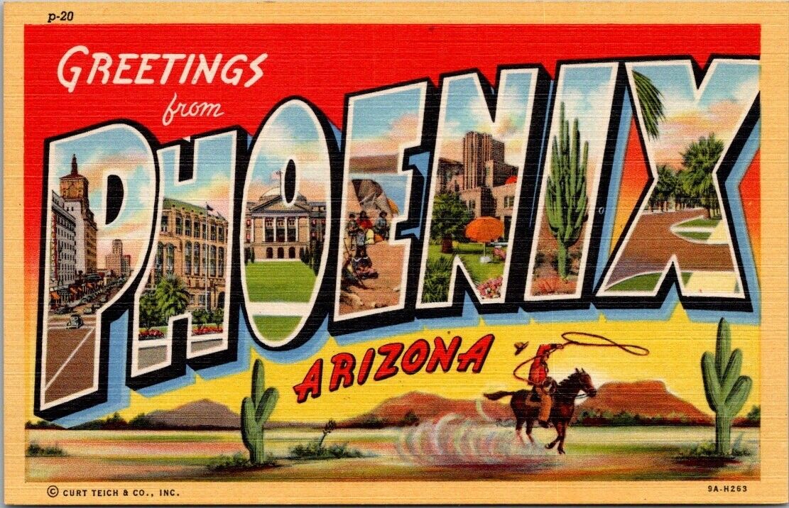 Arizona Greetings From Phoenix Large Letter AZ Linen Postcard Unposted Unused