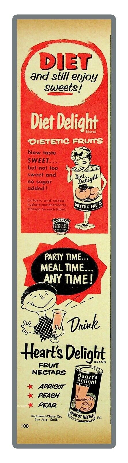 Diet Delight Fruit Heart's Delight Drinks Fruit Nectars 1954 Vintage Print   Ad