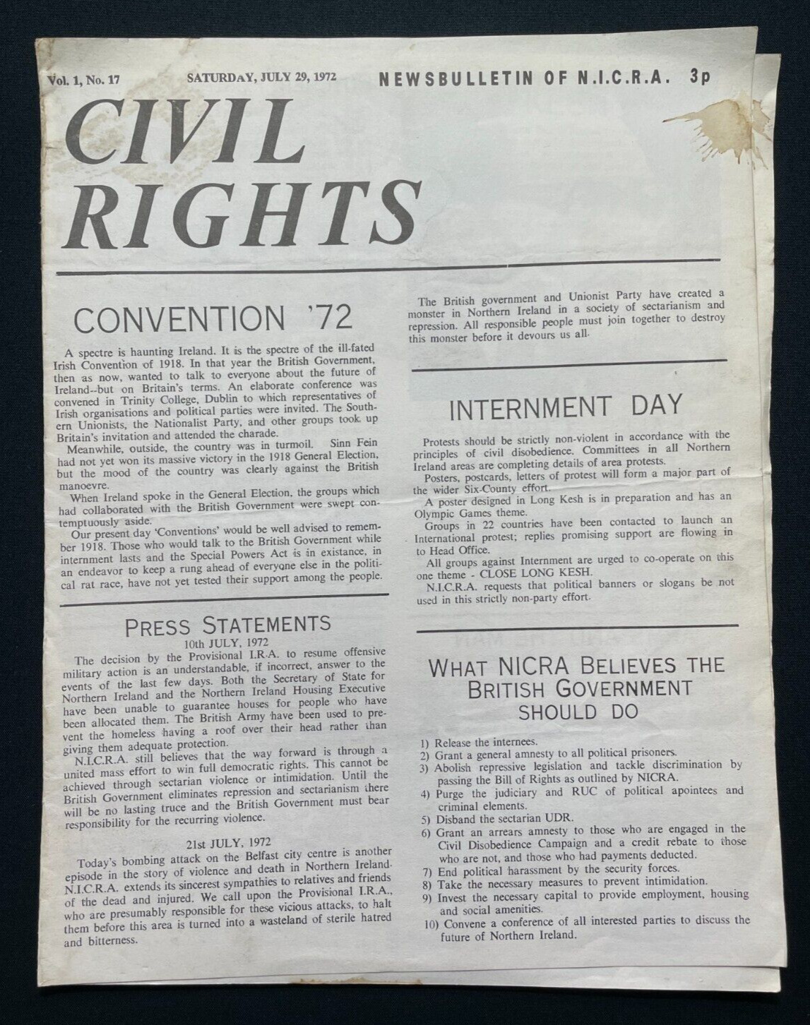 1972 Northern Ireland Civil Rights Association News Bulletin N.I.C.R.A. Pamphlet