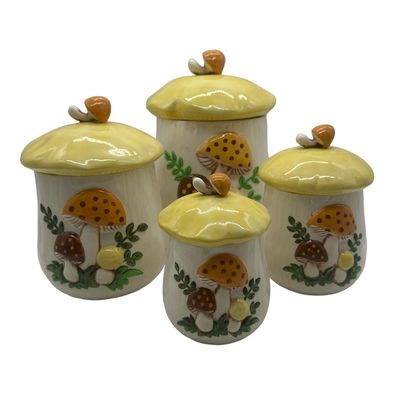 Vintage Arnel's Handmade Hand Painted Ceramic Mushroom Jar Canister Set Of 4