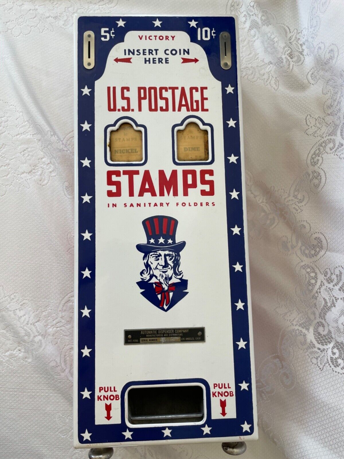 Vintage 1950s Porcelain US Postage Stamp Vending Machine with Uncle Sam