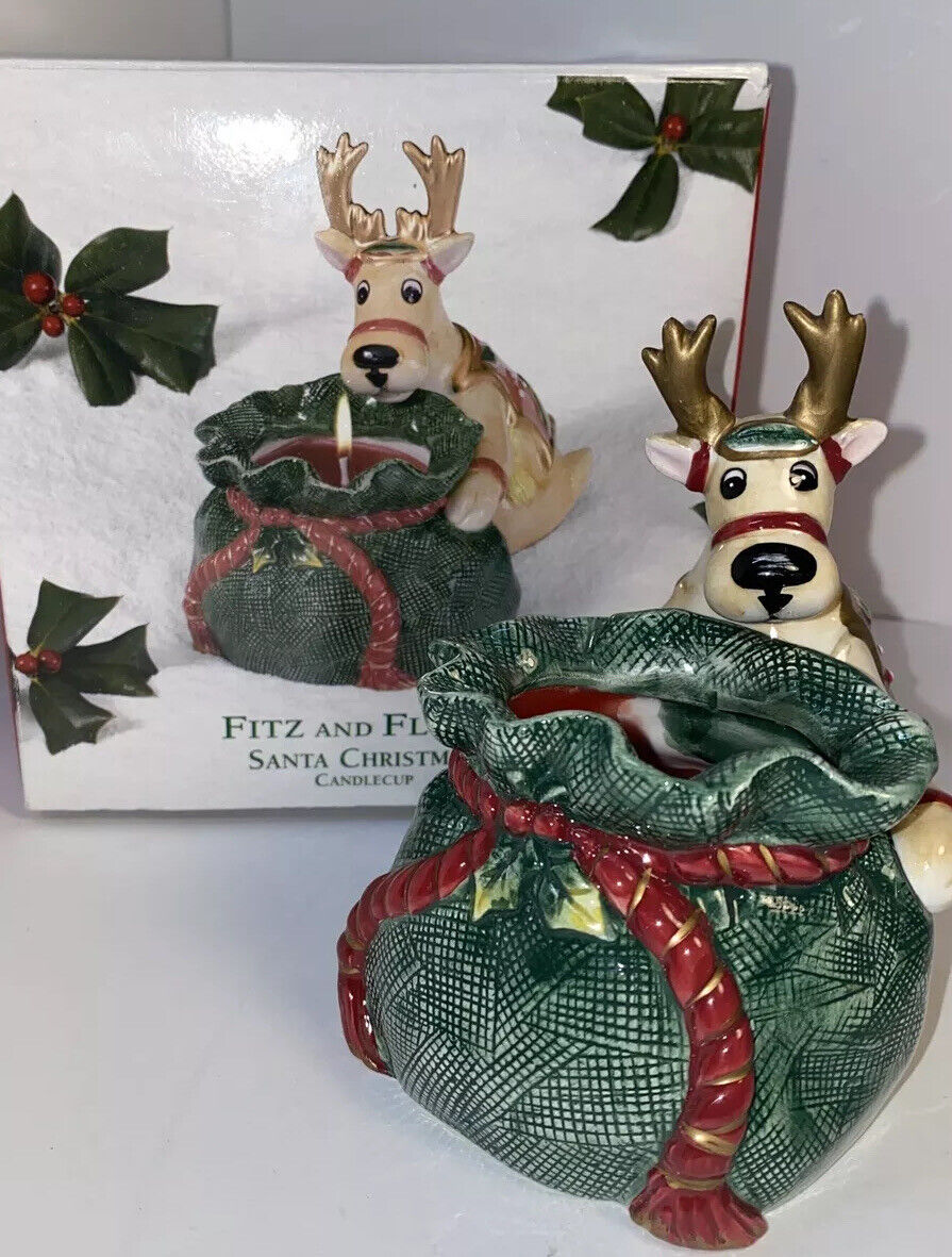 2002 Fitz and Floyd Santa Christmas Reindeer Candle Cup Porcelain Gift Sack /Box