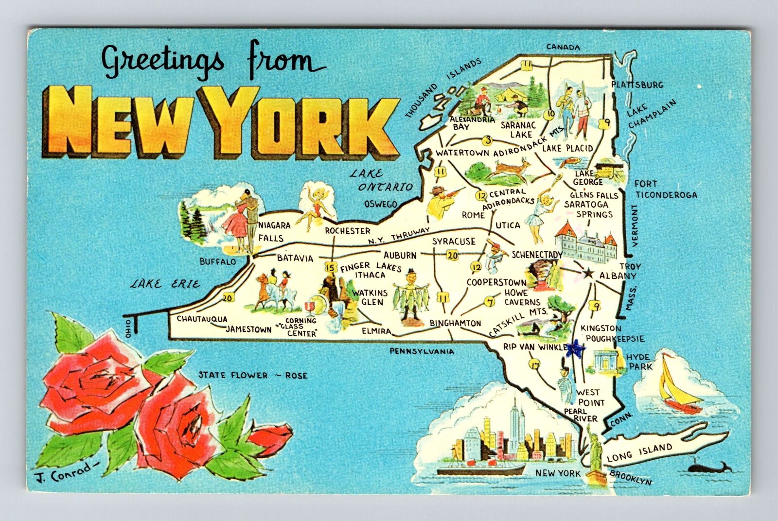 Albany NY-New York Greetings State Outline with Cities c1981 Vintage Postcard